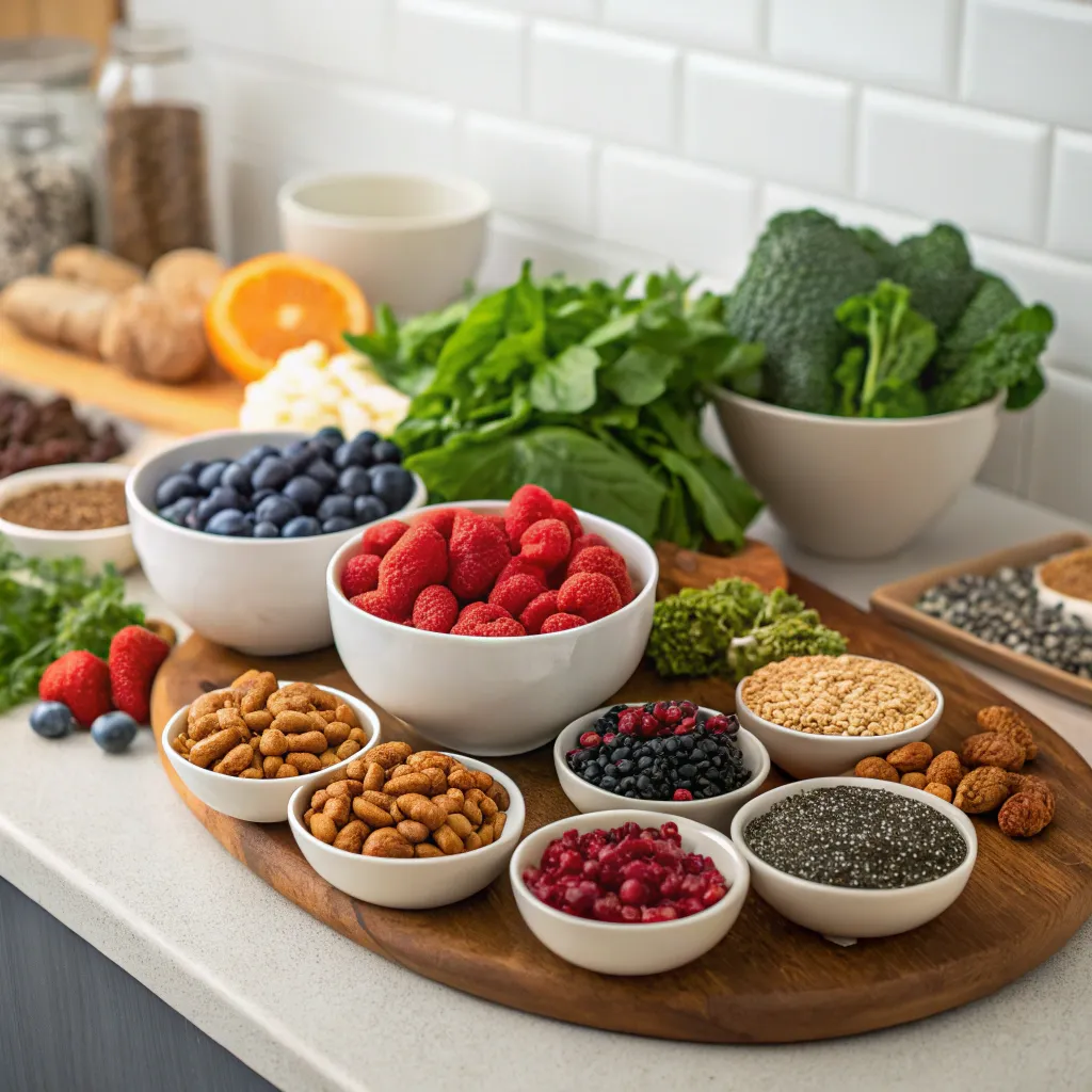A variety of colorful superfoods displayed on a kitchen counter
