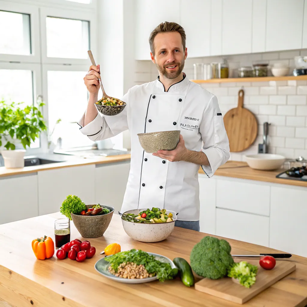 Chef demonstrating a superfood dish in a modern kitchen setting